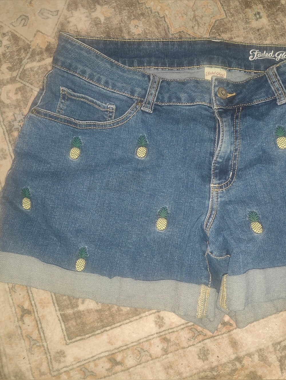 Faded Glory Blue Denim Shorts with Pineapple Embroidery